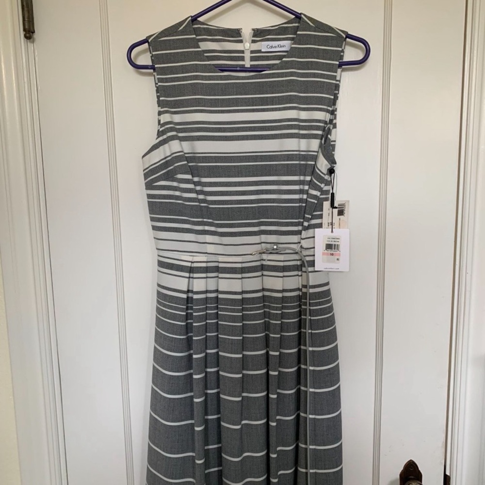 Calvin Klein sleeveless gray and white stripe dress